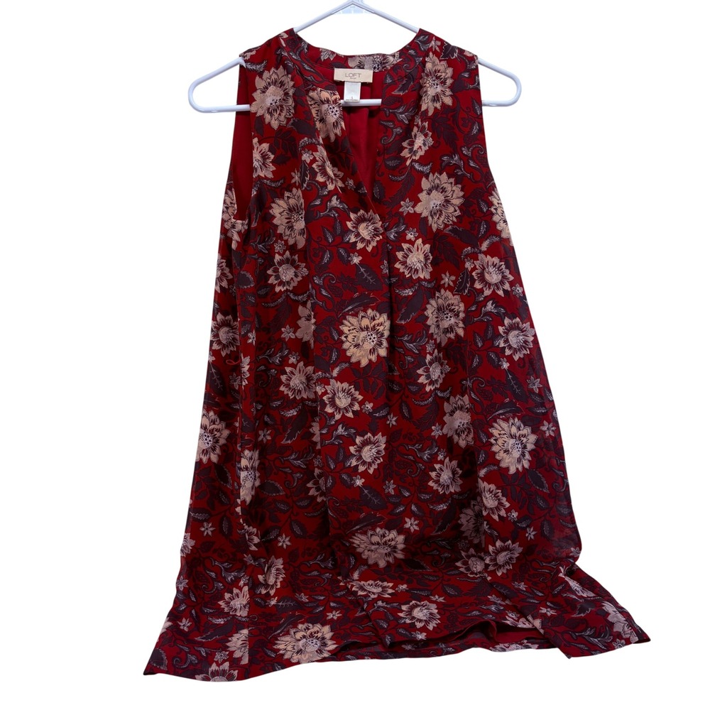 LOFT Outlet Womens Small Red Floral Sleeveless Split Neck Lined Tunic‎ Blouse